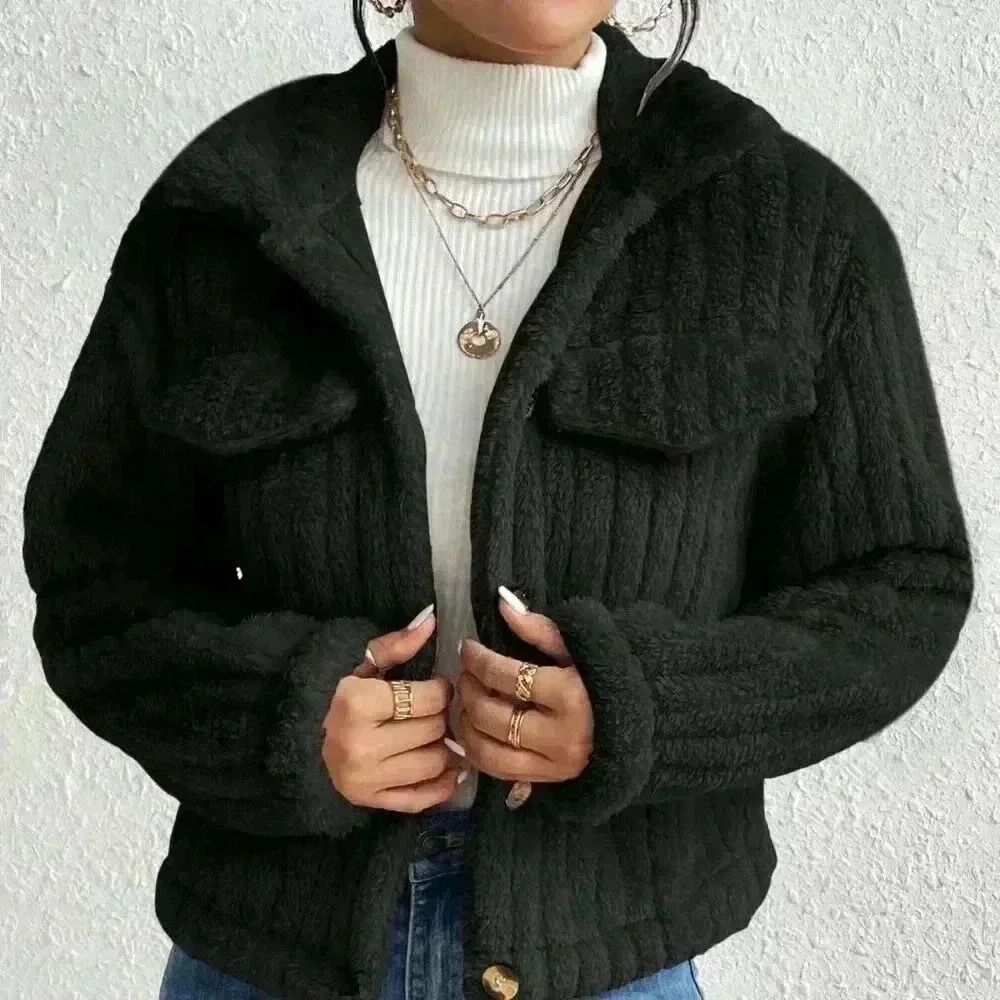 Black Casual Women's Flap Detail Button Front Flannel Jacket - Picture 3 of 6